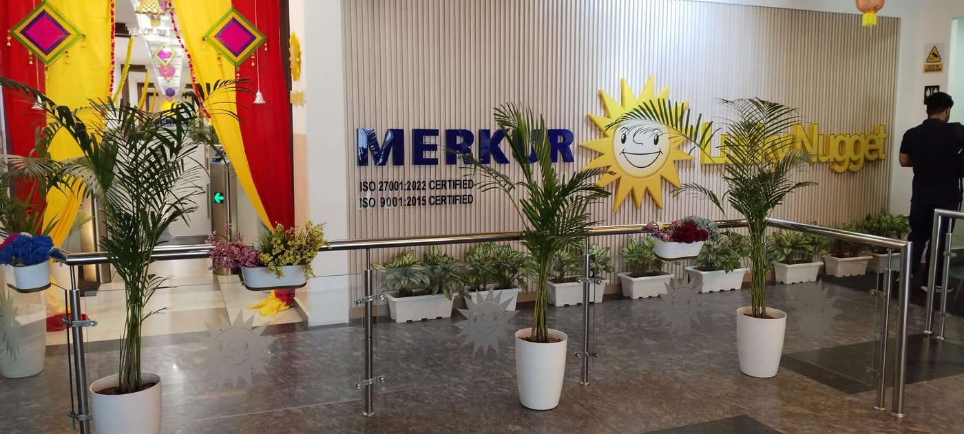 Hotel reception with potted palms